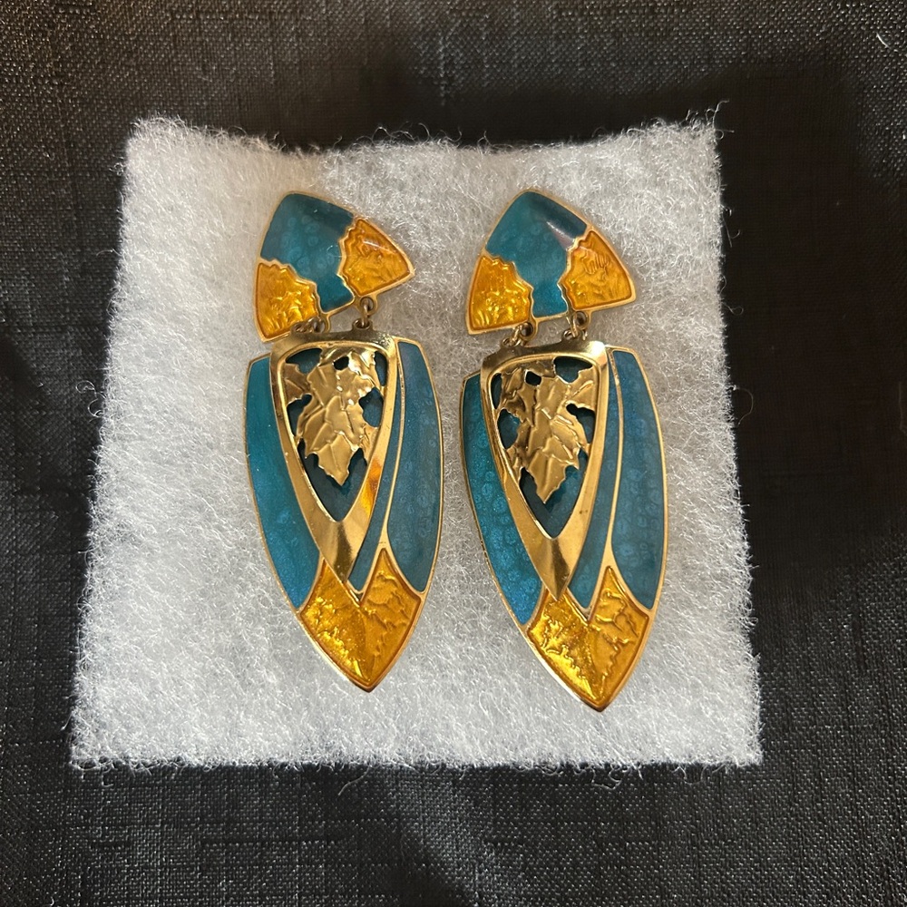 Art Deco Artistic Gold and Blue Statement Earrings